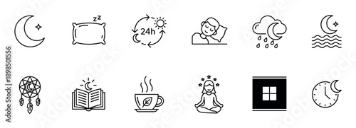 Set of minimalist outline icons for sleep and relaxation, illustrating concepts like nighttime, dreams, meditation, reading, and circadian rhythm in a simple black and white vector style