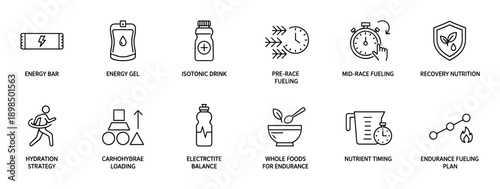 Set of black line icons representing sports nutrition and endurance fueling concepts, featuring minimalist symbols for energy bars, hydration, recovery, and nutrient timing plans