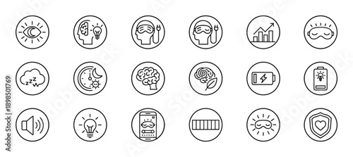 Large collection of black line icons representing sleep, brain health, energy, and well-being concepts for user interface design, including pictograms for rest, ideas, and charging
