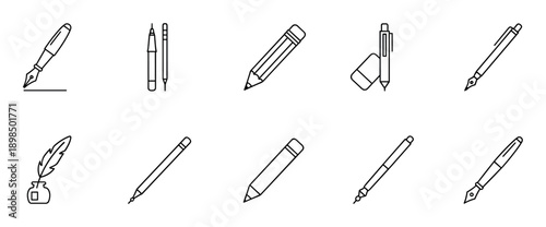 Set of black line art icons depicting various writing and drawing tools like fountain pens, pencils, a quill with an inkwell, and an eraser in a minimalist outline style