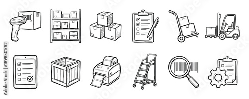 Warehouse and logistics doodle icon collection with hand-drawn sketch illustrations of shipping, inventory, and supply chain equipment for business concepts