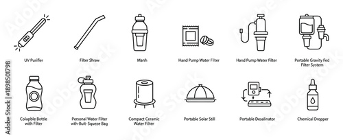 Water purification and filtration equipment line icons set showing various portable methods for clean drinking water, including UV purifiers, filter straws, and gravity systems