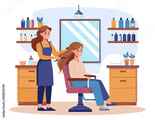 Flat vector illustration of a barber cutting hair