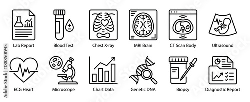 Set of medical diagnostic line icons representing lab reports, blood tests, x-ray, MRI, ultrasound, ECG, genetic DNA analysis, and other clinical procedures for healthcare