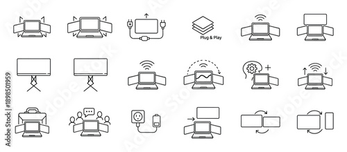 Collection of thin line icons illustrating dual monitor laptop configurations, plug and play connectivity, wireless signals, and screen orientation for technology concepts
