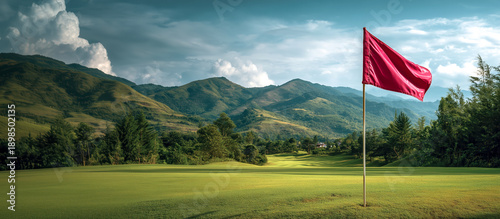 Red golf flag golf course green fairway hole landscape mountain sunny blue sky cloud
