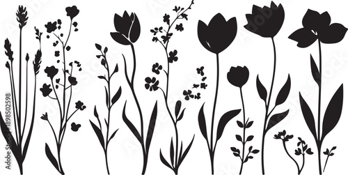 Seamless vector pattern of black and white tulips and floral spring ornaments featuring nature-inspired silhouettes of flowers, leaves, and butterflies for a decorative summer wallpaper design