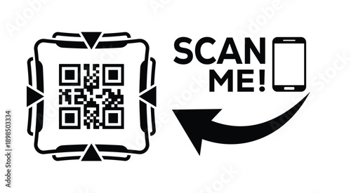 Black and white QR code with bold "SCAN ME" text, smartphone icon, and curved arrow—ideal for mobile interaction, digital marketing, and tech-themed promotional materials.