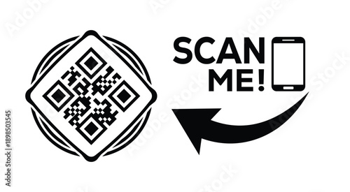Black and white QR code with bold "SCAN ME" text, smartphone icon, and curved arrow—ideal for mobile interaction, digital marketing, and tech-themed promotional materials.