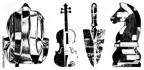 Black and white halftone vector illustrations of backpack, violin, knife, and chess knight, stylized with dot, isolated graphic elements for design use.