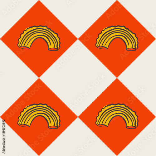 Playful Mediterranean pasta design with quirky line art noodles. Seamless pattern ideal for kitchen decor, wrapping paper, or restaurant branding. Cute background with spaghetti, penne, and ravioli.