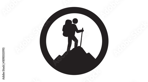 Black and White Hiker on Mountain Peak Icon Vector