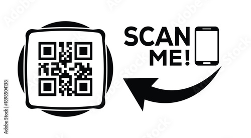 Black and white QR code with bold "SCAN ME" text, smartphone icon, and curved arrow—ideal for mobile interaction, digital marketing, and tech-themed promotional materials.