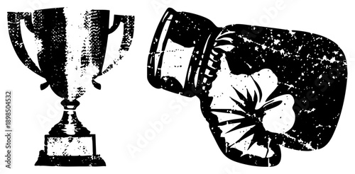 Fighter glove with design, championship trophy, sports victory, boxing award, athletic success emblem, combat sports recognition, black and white graphic.