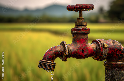 Old fashioned red spigot dripping water in foreground with vibrant green rice paddy stretching into distance