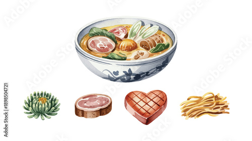Watercolor bowl of ramen noodles with meat and vegetables  food illustration