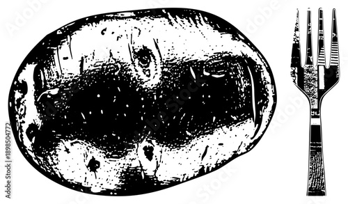 Rustic potato illustration with fork, halftone texture, black and white vector, food graphic, culinary art, isolated cutout.