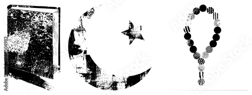Islamic religious including Quran book, moon with star, and prayer beads, rendered in distressed black and white vector style with halftone textures and gritty brush strokes.