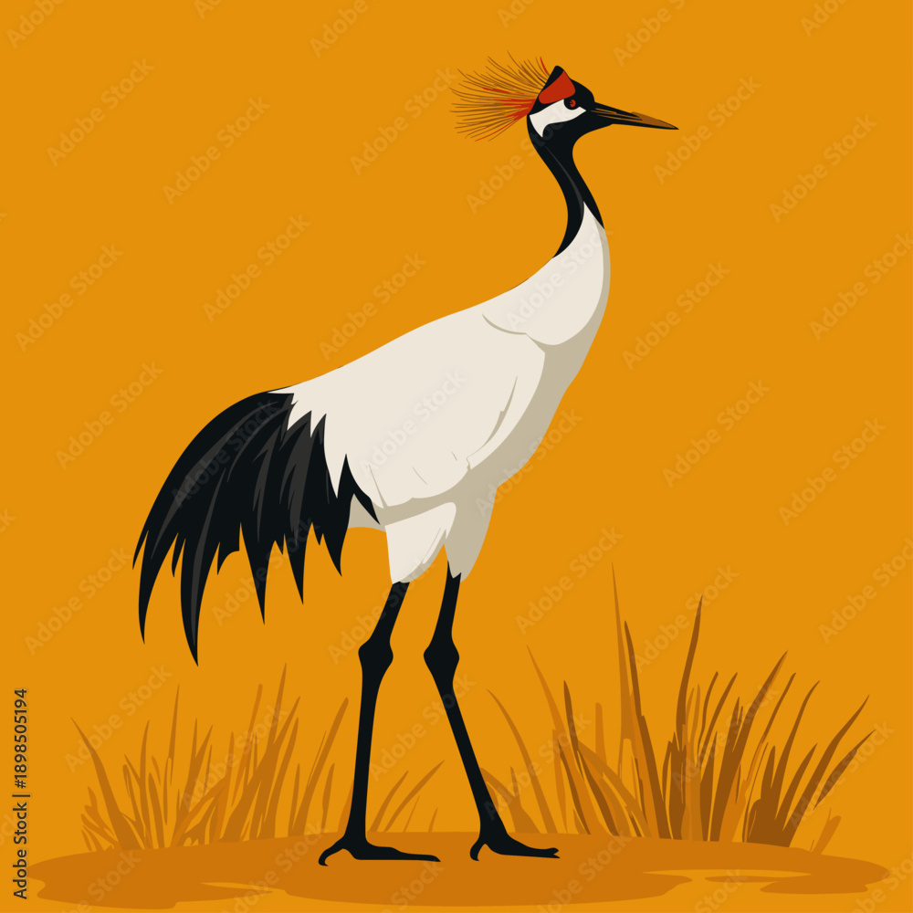 Obraz premium Elegant Flying Crane Against a Bright Yellow Background