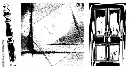 Locked wooden door with glass panes, padlock security, ornate baluster rail, halftone texture, black and white vector illustration.