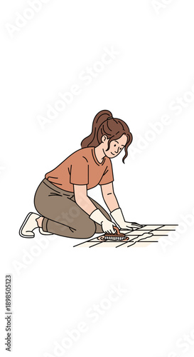 Woman cleaning tile grout with brush, bathroom deep cleaning