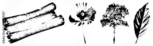 Vector illustrations of cinnamon sticks, poppy flower, tree silhouette, and leaf with halftone texture, design, nature motifs, graphic art.