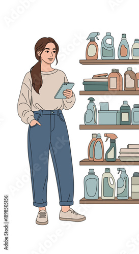 Woman checking inventory of cleaning supplies at home