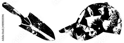 Distressed black and white vector trowel and cap, gardening tool and headwear, rustic graphic, outdoor gear, urban decay style.