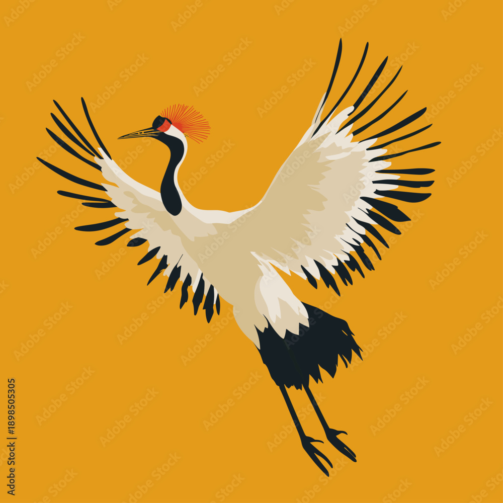 Obraz premium Elegant Flying Crane Against a Bright Yellow Background