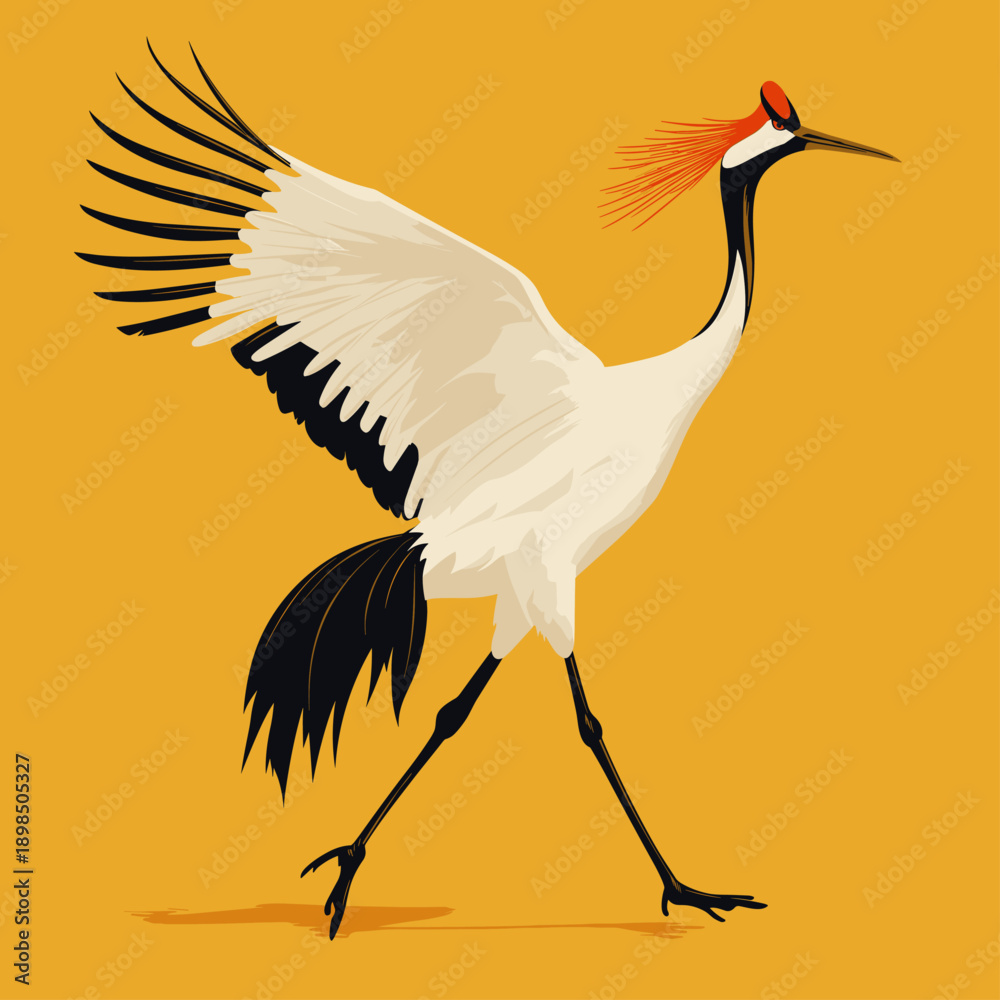 Obraz premium Elegant Flying Crane Against a Bright Yellow Background