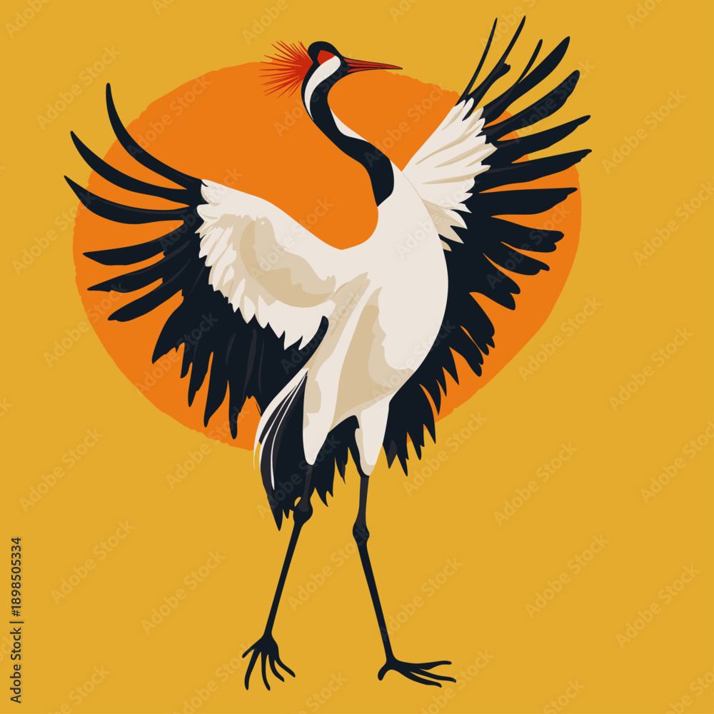 Obraz premium Elegant Flying Crane Against a Bright Yellow Background