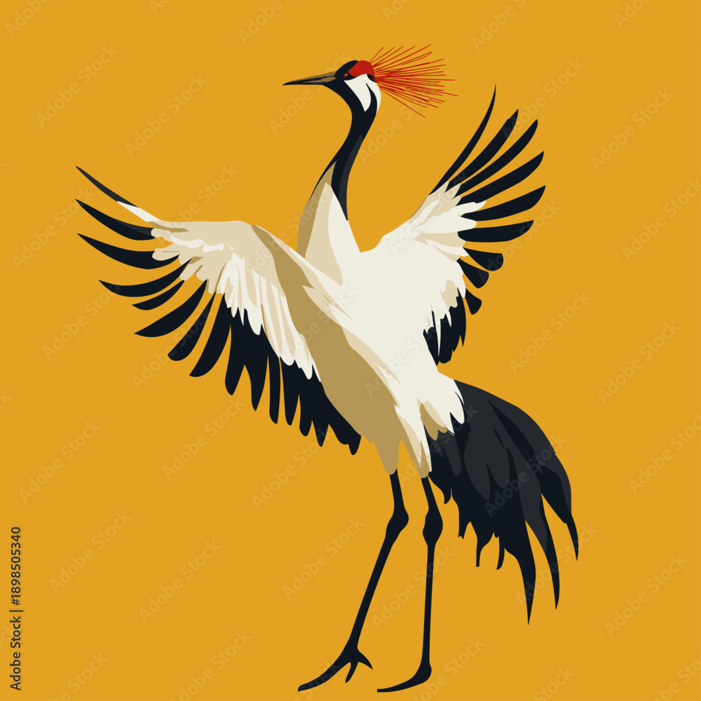 Fototapeta premium Elegant Flying Crane Against a Bright Yellow Background