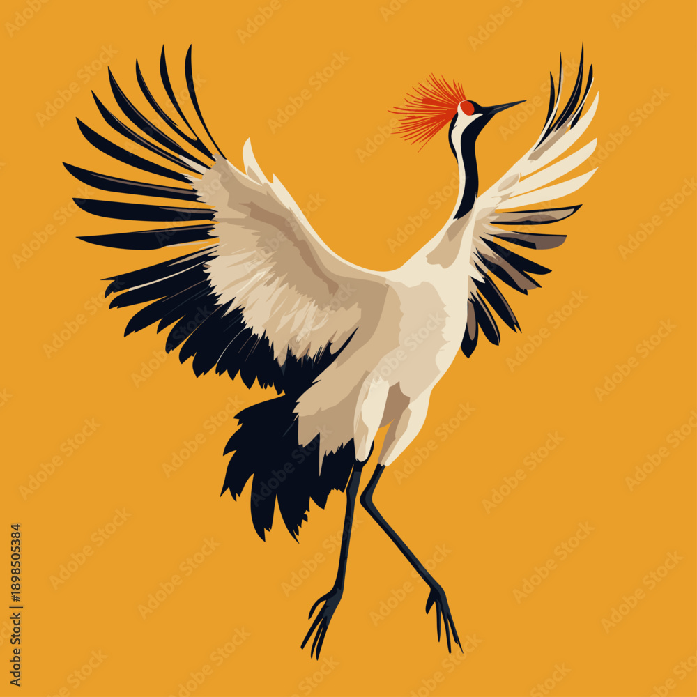 Naklejka premium Elegant Flying Crane Against a Bright Yellow Background