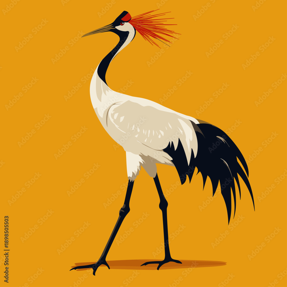 Naklejka premium Elegant Flying Crane Against a Bright Yellow Background