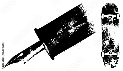 Stylized black and white fountain pen and skateboard with distressed halftone texture, urban art, retro graphic, isolated vector elements, ink splatter effect, street culture.