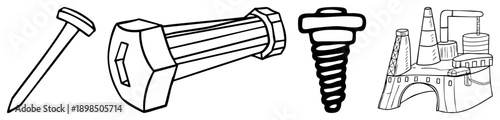Set of hardware tools including nail, bolt, screw, and factory building, technical art, engineering symbols, construction elements, industrial design.