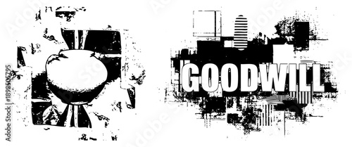 Stylized "GOODWILL" logo with distressed texture, urban graffiti backdrop, black and white vector art, street art aesthetic, bold typography.