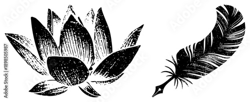 Stylized lotus bloom and feather quill pen, graphic, ink texture, artistic symbols, literary and spiritual motifs.