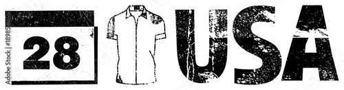 Distressed black and white graphic showing “28” in calendar box, short sleeve shirt, and “USA” text, vintage worn look, vector set, isolated elements.
