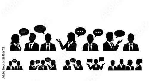 Business people silhouettes communicating with speech bubbles.