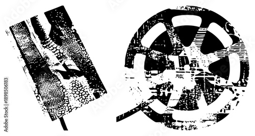 Retro cinema film reel and strip, analog movie, celluloid film, vintage cinema, halftone print, grainy texture, film noir aesthetic.