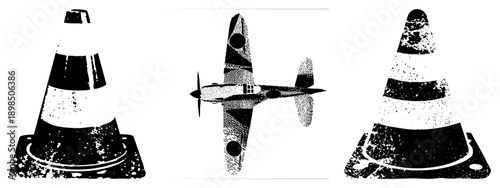 Aircraft with camouflage and traffic cones with distressed texture, halftone style, vector graphic, isolated elements, aviation and road safety.