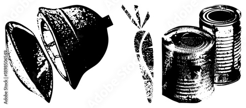 Rustic food containers and tropical fruit, halftone vector art, retro packaging design, textured black and white illustration, isolated graphic elements.