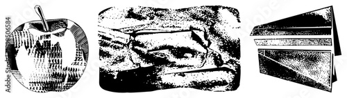 Retro halftone with stem, weathered stone tablet with engraved, isometric paper stack with shadows vector art,, graphic design elements.