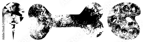 Retro stylized paintbrush, bone shaped object, artist’s palette, textured grunge design, vector art, creative tools, artistic symbols.