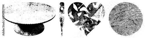 Stylized halftone textures forming circular platter, heart, and fingerprint motifs, vector art, graphic design elements, isolated shapes.