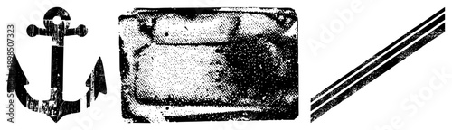 Vintage anchor, corroded metal plaque, striped diagonal nautical, industrial, graphic design elements. Anchor symbol, metal plate, stripe.