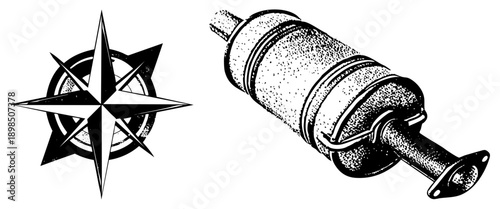 Nautical compass rose with cardinal points, automotive catalytic converter, black and white halftone style, isolated vector graphics, mechanical and navigational symbols.
