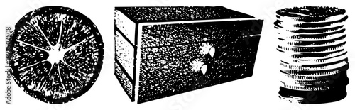 Black and white halftone illustration of citrus section, rustic wooden box with heart motifs, and stacked cookies graphic design elements for food branding or packaging.