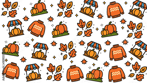 Fall market scene with pumpkins, sweaters, leaves, and market stalls everywhere. Perfect for autumnthemed designs and seasonal promotions.